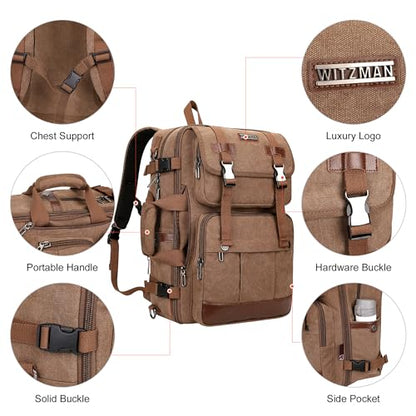 WITZMAN Canvas Travel Backpack for Men Large Laptop Backpack Fits 16 Inch | Expandable 32L to 42L, Carry-on Airline Approved Convertible Shoulder Rucksack, For Vacation, Overnight Trip, A6617 Brown - color: Brown