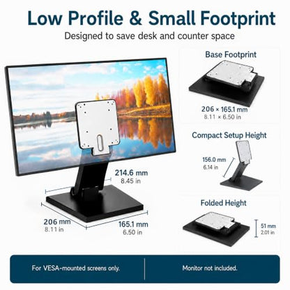 Foldable Portable Low Profile Monitor Stand, VESA 75x75/100x100 | Strong hinge stays securely in position throughout the -15° to +180° tilt range; compact, stable base saves desk space