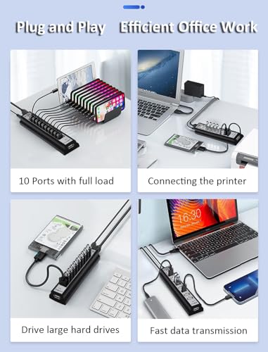 USB Hub 10-Ports, USB Hub Extender Network Splitter Adapter with Powered, for MacBook, PC, Laptop, Mice, Keyboards（ Only USB Data Transfer Not for Charing