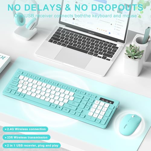 Wireless Keyboard and Mouse Combo, Full-Sized Quiet Wireless Keyboard and Adjustable DPI Mouse, 2.4GHz USB Receiver, Keyboard and Mouse for PC, Windows, Desktop, Laptop (Tiffany Blue and White-B) - color: Tiffany blue and white-B