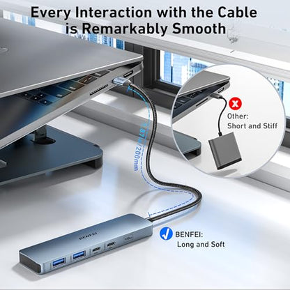 BENFEI USB C HUB 6-in-1 with HDMI(4K@60Hz), 100W Power Delivery, 10Gbps 2*USB-A and 2*USB-C, Silicone Cable, Aluminum Case Compatible with iPhone 15 Pro/Max, MacBook, iPad Pro, iMac, S23, XPS17
