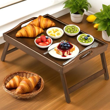 Bamboo Breakfast Tray Table with Folding Legs for Bed Table Sofa - Eating & Laptop Tray Bamboo with Folding Legs (Walnut) - color: Walnut