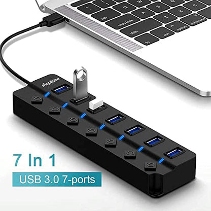USB 3.0 Splitter with 5V/2A Power Adapter, 7-Port USB 3.0 Hub with Individual Power Switches and Lights, Portable Expansion Data Hub with 120cm Cable for Windows, Vista, XP, Linux, Mac OS X