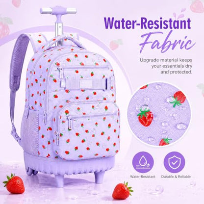 3Pcs Rolling Backpack for Girls, School Roller Bookbag with Wheels, Strawberry Wheeled Backpacks Set for Women (Purple) - color: Purple Strawberry
