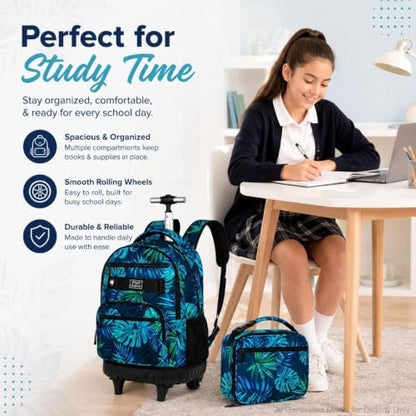 3Pcs Rolling Backpack for Men, 19 Inche Adult Bag with Roller Wheels, Wheeled Bookbag Set for Boys - Green - color: Leaf Green