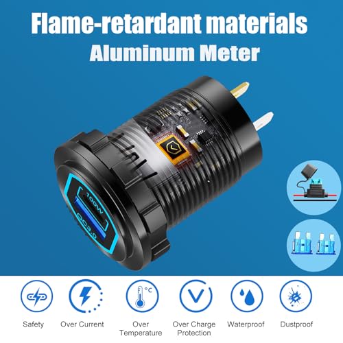 12V USB Outlet PD 100W USB C and QC3.0 18W Port Aluminum Car Charger Socket for Laptops Tablets Phones, Cigarette Lighter Replacement Car Accessories DIY for RV Camper Truck Boat Golf