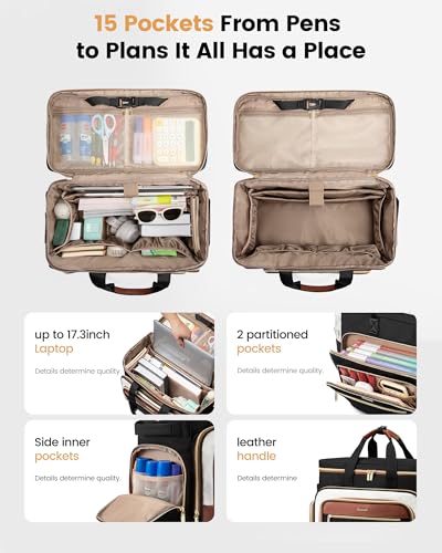 LOVEVOOK Rolling Teacher Bag, Laptop Tote with Detachable Dolly | Fits 17.3 Inch Laptop, Detachable Dolly, Large Rolling Tote Bag for Teacher Office Work Nurse, Adjustable Handle - color: Black-beige-brown