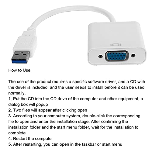 Zopsc USB3.0 to VGA Converter 5Gbps HD 1080P Adapter Cable 15Pin Female, Supports Multi Display Solutions, No External Power Supply, for PC laptops, Desktops, Monitors. (White) - color: White