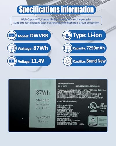 87Wh DWVRR Laptop Battery Replacement for Dell Inspiron 16 7620 2-in-1 & Alienware x15/x17 R1/R2 Series P111F P48E P119F 0017GN 0NR6MH 817GN Battery - size: 12.79*3.54*0.39 inch DWVRR
