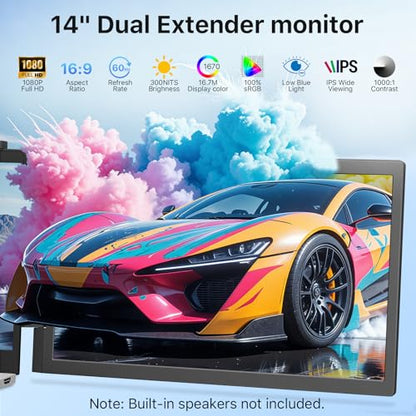 Szory Laptop Screen Extender, 14" FHD 1080P IPS Laptop Monitor Extender Dual Screen, Portable Monitor for Laptops 13.3”-16.1" with USB-C/HDMI Port, Plug & Play for Windows/Mac/Android/Switch/PS5