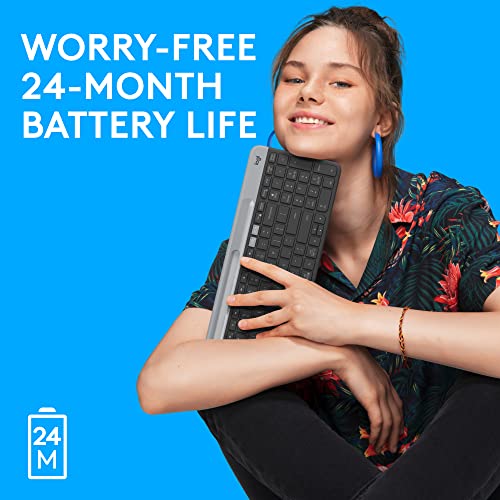 Logitech K585 Slim Wireless Keyboard with Built-in Phone Cradle - Graphite | Bluetooth with included USB receiver, connects 2 devices, cradle can hold smartphone or tablet up to 10 in. in landscape mode - color: Graphite