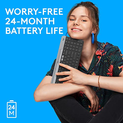 Logitech K585 Slim Wireless Keyboard with Built-in Phone Cradle - Graphite | Bluetooth with included USB receiver, connects 2 devices, cradle can hold smartphone or tablet up to 10 in. in landscape mode - color: Graphite