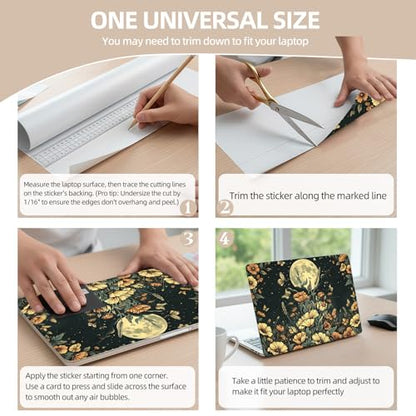 Universal Laptop Skin Sticker for 12/13/14/15.6 Inch Laptops, Reusable Vinyl Laptop Decal Cover, Waterproof Scratch Resistant Notebook Skin with 2 Wrist Pads,Moon Wildflowers - color: Moon Wildflowers