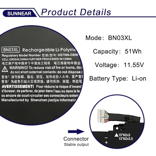 BN03XL L77034-005 Laptop Battery Replacement for HP Envy 13 13-AY 13-ba 13-AR Envy X360 15 2020 15-ED 15M-EE 15M-EE0023DX 15M-EE0013DX Series Notebook L73965-271 L76985-271 HSTNN-DB9N 51Wh - size: 11.89*4.53*1.18 inches BN03XL