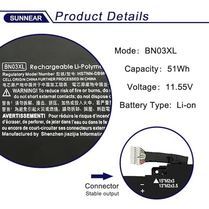 BN03XL L77034-005 Laptop Battery Replacement for HP Envy 13 13-AY 13-ba 13-AR Envy X360 15 2020 15-ED 15M-EE 15M-EE0023DX 15M-EE0013DX Series Notebook L73965-271 L76985-271 HSTNN-DB9N 51Wh - size: 11.89*4.53*1.18 inches BN03XL