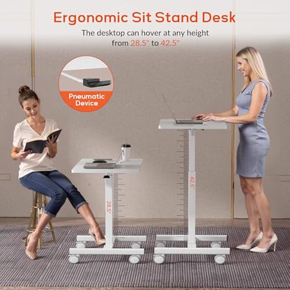 CROWNFURN Mobile Small Standing Rolling Desk Adjustable Height, Portable Laptop Desk on Wheels, Workstation for Home Office with Hook,White