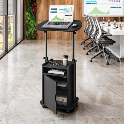 Techni Mobili Adjustable Laptop Cart w/Storage, Rolling Mobile Desk, Black | Adjustable laptop cart with storage cabinet, shelf, locking wheels, sit‑stand height for home office, bedside, classroom - color: Black