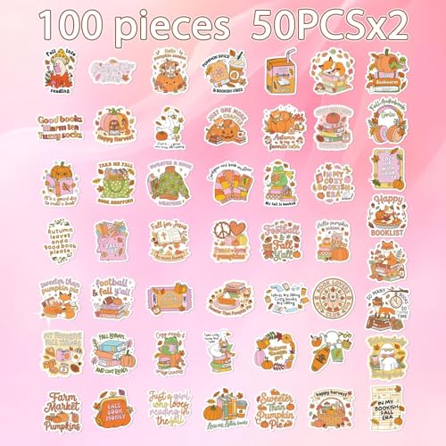 100 Pcs Fall Bookish Stickers for Adult, Vinyl Pumpkin Decals | Reading Autumn Season Design, Waterproof, for Water Bottle Laptop Journal Scrapbook - style: Fall Bookish