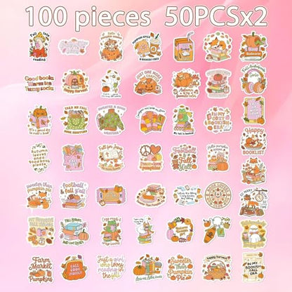 100 Pcs Fall Bookish Stickers for Adult, Vinyl Pumpkin Decals | Reading Autumn Season Design, Waterproof, for Water Bottle Laptop Journal Scrapbook - style: Fall Bookish
