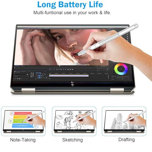 Stylus Pen for HP Omnibook X Flip Envy/Pavilion/Spectre x360 300Day Battery | Active Stylus Pen with Smooth Writing, MPP 1.51 Tilt Pen with Pressure Sensitivity & Palm Rejection for Drawing, Note-Taking - color: silver