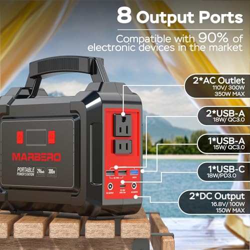 MARBERO Portable Power Station 350W Peak Camping Solar Generator Laptop Charger 296Wh Power Bank with AC Outlet 110V with Multi-Output LED Flashlights for CPAP Home Camping Hurricane Emergency - color: Red