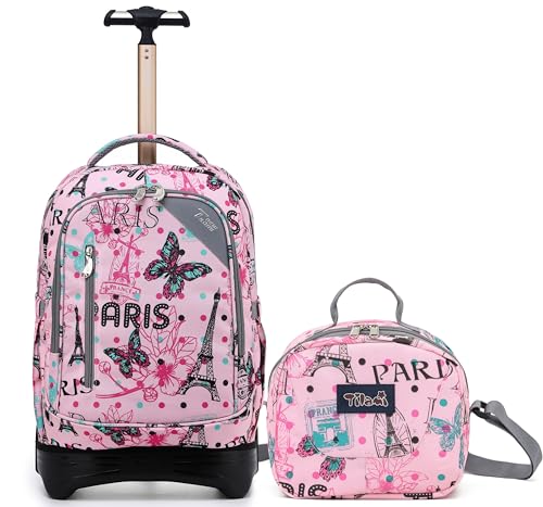 NEW TILAMI 18 Inch Rolling Backpack with Lunch Bag for Girls Boys School | 6-Wheel Stair-Climbing Girls Boys Carry-on Suitcase Water-Resistant Adjustable Trolley Handle Wheels School Travel Camping - color: Pink Romantic Paris