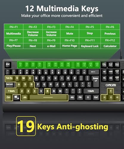 USB Wired Keyboard and Mouse Combo with Backlit, Large Print for Computer | Red/Green/Yellow Light Up, Silent, Multimedia Keys, Number Pad, 4 Levels DPI RGB Mouse for PC PS5 Office, Elderly Low Vision