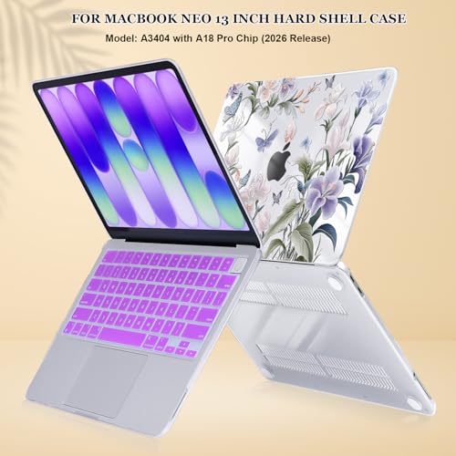 for MacBook Neo 13 inch Case 2026 A3404 with A18 Pro Chip, Anti-Scratch Slim Pattern Plastic Hard Shell Case 13-inch Neo Protective Cover with Keyboard Cover & Screen Film, Purple Flowers - color: Purple Flowers
