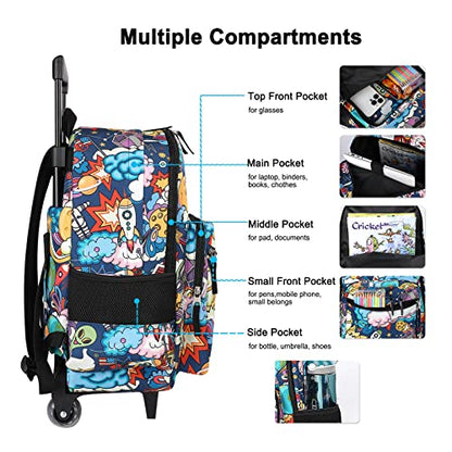 Tilami Rolling Backpack 18 inch Double Handle Wheeled Boys Girls Travel School Children Luggage Toddler Trip - color: Cartoon Black