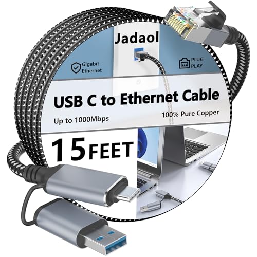 Jadaol USB-C/USB-A to Ethernet Cable 15 ft, Built-in USB-A Adapter, Up to 1Gbps Gigabit RJ45 LAN, Plug & Play for Most Systems, USB 3.0, Nylon Braided, Compatible with Thunderbolt 3/4 Device - size: 15ft