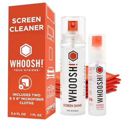WHOOSH Screen Cleaner and Wipe Kit Duo XL, 3.4 + 1 fl oz | Large and Travel Size Bottles, Non Toxic and Odorless, For iPad, MacBook and Car Screens, 2 Microfiber Cloths - size: 4.4 Fl Oz (Pack of 1)