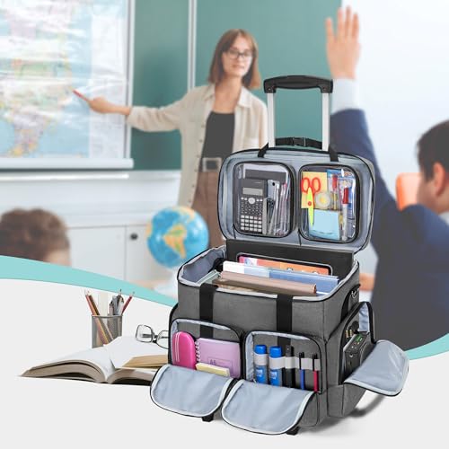 Rolling Teacher Tote Bag with 2 Detachable Pouches for Work, Gray | Wheeled Teacher Uility Bag with 15.6" Padded Laptop Sleeve, Large Briefcase with Detachable Trolley for Women - color: Gray