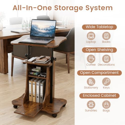 Giantex Mobile Podium Stand, Height Adjustable Laptop Computer Cart w/Tilting Top, Storage Cabinet & Lockable Wheels, Church Classroom Lecture, Sit-to-Stand Desk for Home Office (Rustic Brown,1) - color: Rustic Brown