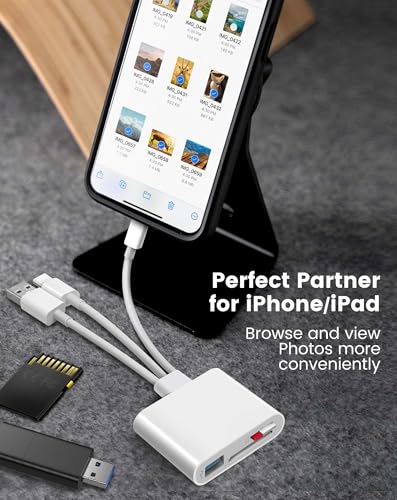 SD Card Reader for iPhone iPad Mac, Lightening & USB-C & USB-A 3 in 1 Memory SD Card Adapter, Support SD/MicroSD/USB OTG, High-Speed Trail Camera Card Viewer,Portable No App Plug & Play
