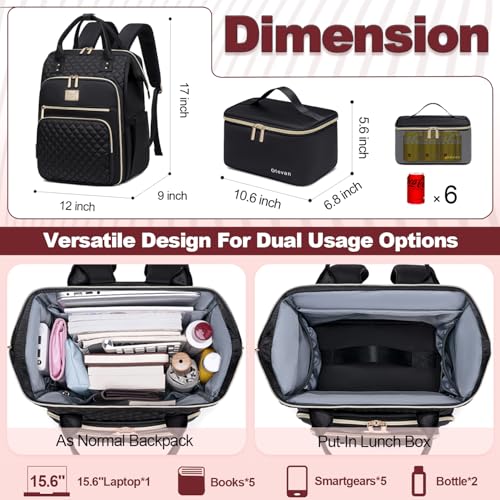 Otevan 15.6 inch Laptop Backpack for Women, Work & Travel Backpack with Insulated Lunch Box, Black Classic, 24009 - color: Black Classic