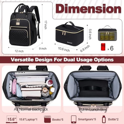 Otevan 15.6 inch Laptop Backpack for Women, Work & Travel Backpack with Insulated Lunch Box, Black Classic, 24009 - color: Black Classic