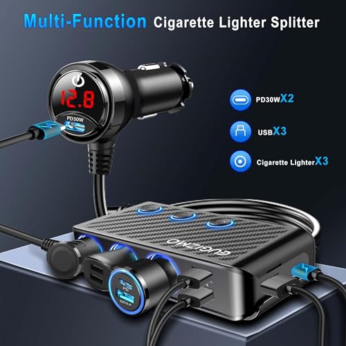 EUGIZMO 8 in 1 Cigarette Lighter Adapter,3 Socket Car Charger Plug Splitter | 12V/24V PLug in Outlet with Voltage Visible Independent Switches 2 PD30W & 3 USB-A Ports Fast-Charge Phones and Dash Cams