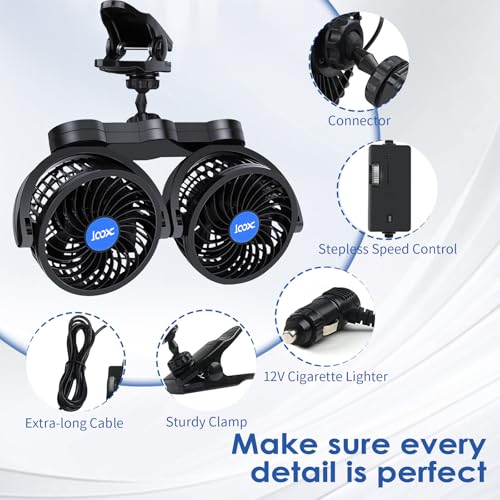 XOOL Clip Car Fan, Adjustable Dual Head 4 Inches 12V Fan for Front/Rear Seat Passenger, 360° Rotatable Electric Car Cooling Fans with Stepless Speed Regulation for SUV, RV, Vehicles - size: Cigarette Dual Fan - Clip