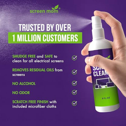 Screen Mom Screen Cleaner Spray 8oz & 2oz for TV, Car, Laptop and Computer | Streak-Free Formula, Alcohol & Ammonia Free, 4 Microfiber Cloths, Cleans TVs Phones Tablets Glass OLED, Residue-Free Cleaning - size: 8oz & 2oz