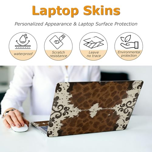 Universal Laptop Skin Sticker with 2 Wrist Pad Decals, 3-Piece Removable Vinyl Laptop Cover, Western Cow Print Waterproof Anti-Scratch, Easy-Trim Fit for 13.3" 14" 15.6" Laptops - color: Western Cow Print