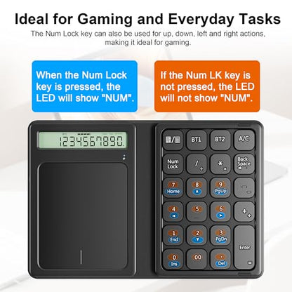 Bluetooth Number Pad, Foldable 2.4G Wireless Numeric Keypad with Display Calculator & Touchpad, Wireless Number Pad Slim 23 Keys Portable Financial Accounting Numpad Keyboard for PC Laptop Desktop