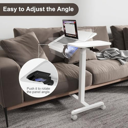 PUNCIA 28" Overbed Table with Split Tilting Desktop,Pneumatic C Table,White | Mobile Laptop Desk for Bedside, Height Adjustable End Table with Wheels, Computer Cart for Home Sofa Office & Hospital Use - color: White