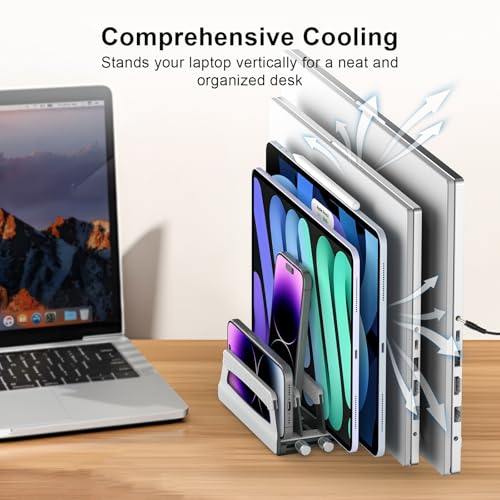 6-Slot Vertical Laptop Stand & Holder –Adjustable Aluminum Laptop Stand Vertical for Desk Fits 6 Devices, MacBook & Gaming Laptops (Up to 17.3”)–Space Saving Laptop Storage Rack - Grey - size: 6 - Slot