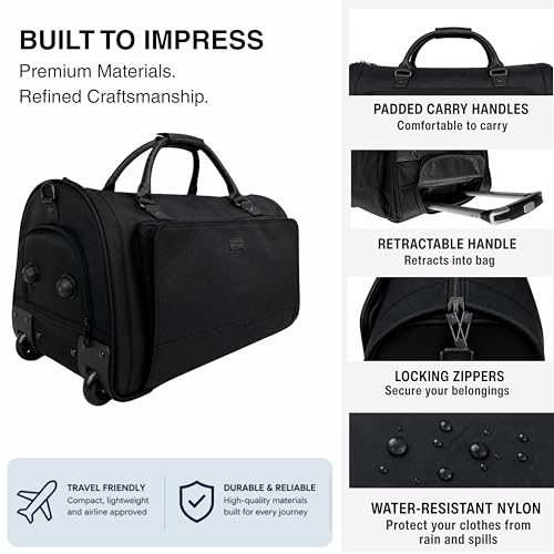 Rolling Garment Bag with Wheels, Carry On Garment Duffle Bag for Travel, Convertible Wheeled Suit Bag for Men, Wrinkle-Free Business Travel Luggage with Shoe Pocket & Retractable Handle