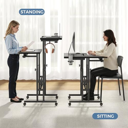 DUMOS Rolling Standing Desk, Sit Stand Desk, Computer Cart | 23.6 Inch Width, Height Adjustable, Split Top, Mobile Laptop Workstation, Office Table, Portable Design, Black - color: Black