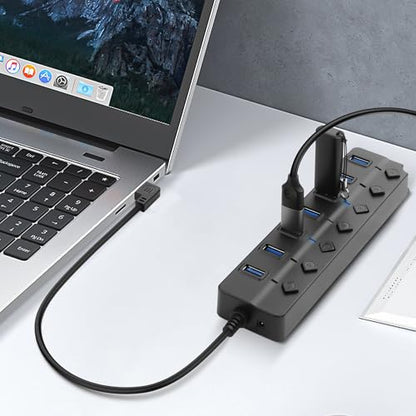 90 Degree USB Hub Splitter YACSEJAO USB 2.0 Data Hub with Individual LED Button On/Off Switch DC5.5 * 2.1 Power Port for Laptop,PC Computer (7 Ports, 0.3M) - size: 0.3M, style: 7 Ports