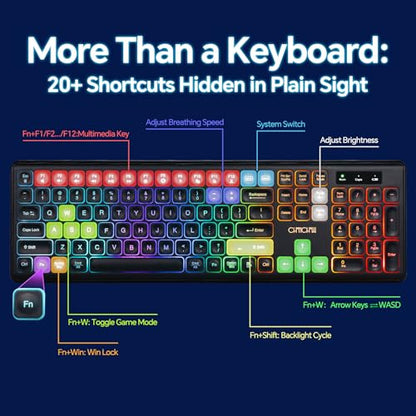 Computer Keyboard and Mouse Wireless,Rechargeable Gaming LED Keyboard Combo | Rainbow Backlit Keyboard with Dedicated Mac/Win Keys,1 USB Receiver for 2 Devices,Sculpted Keys,Compatible with Mac Window PC