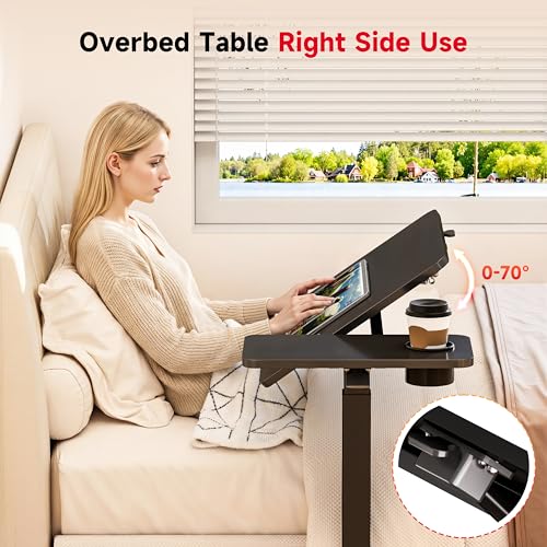 Okin Overbed Bedside Table with Wheels, Adjustable Medical Tilt Top Hospital Bed Table Over The Bed, Rolling Desk Mobile Standing Desk for Hospital Home Use (Black) - color: Black