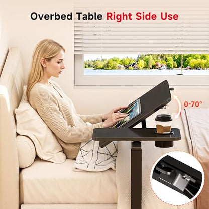 Okin Overbed Bedside Table with Wheels, Adjustable Medical Tilt Top Hospital Bed Table Over The Bed, Rolling Desk Mobile Standing Desk for Hospital Home Use (Black) - color: Black