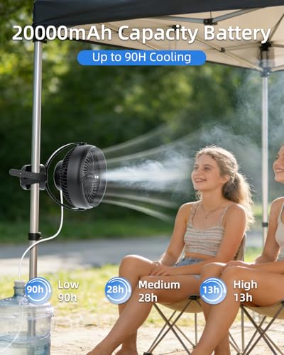 ATEngeus 20000mAh Misting Fan with Clip, 8'' Portable Clip on Fan Battery Operated, 3 Speeds, 3 Mist Modes, Hook, Silicone strap, Max 90H Runtime for Golf Cart, Canopy, Camping Essentials